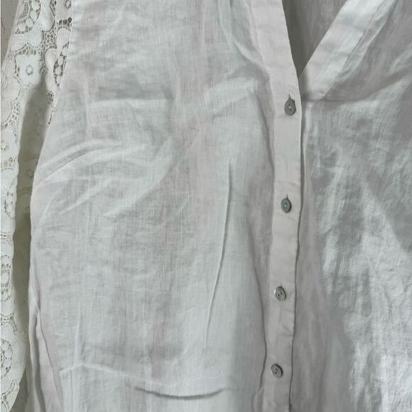 J. Jill White Linen Button Front Lace Sleeves Drawstring Waist Blouse Size M - Picture 4 of 11